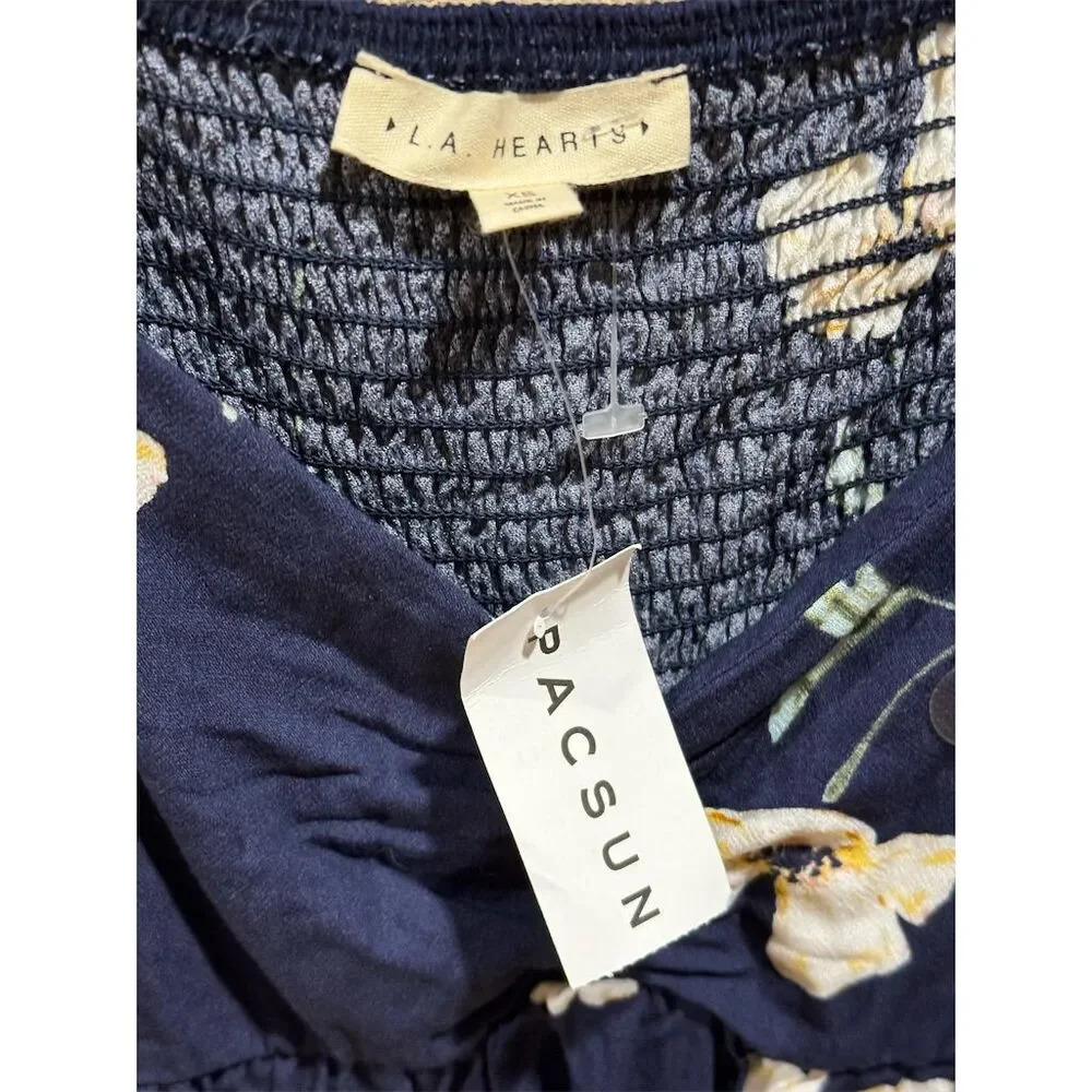 LA Hearts by PacSun Women's Floral Blouse Navy Blue XS Long Puff Sleeve V-Neck - Picture 4 of 6